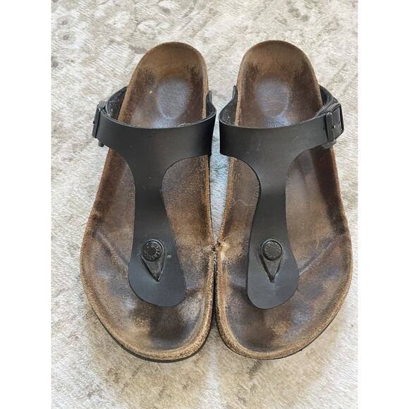 Birkenstock Size 39 Gizeh Birko Flor Sandals Black Leather Buckle Preloved - Picture 1 of 11